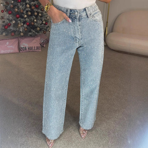 25 Edition – Women’s High Waist Straight Street Jeans with Glitter